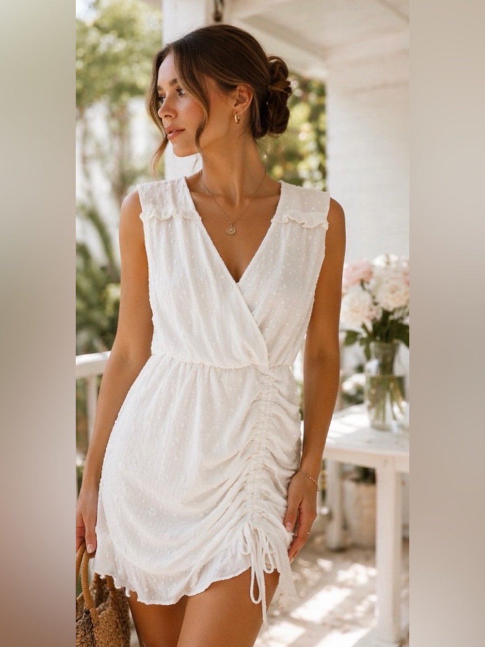 AQUA White Swiss Dot Ruched Wrap Dress Romantic Cottagecore Mini Small